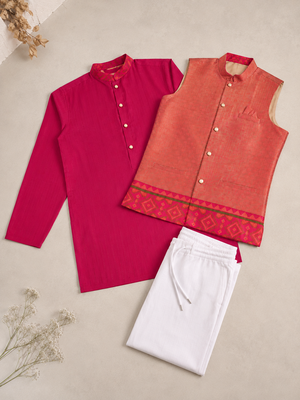 Peach color weaving work with ikkat kanjivaram cotton men's kurta payjama set 5