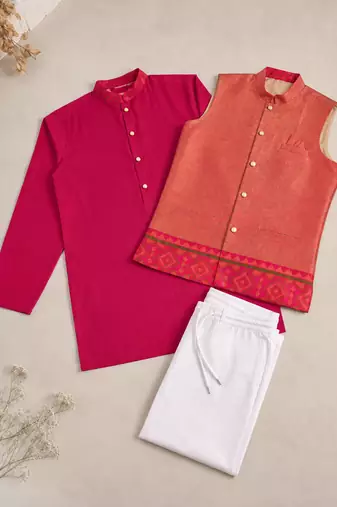Peach color weaving work with ikkat kanjivaram cotton men's kurta payjama set