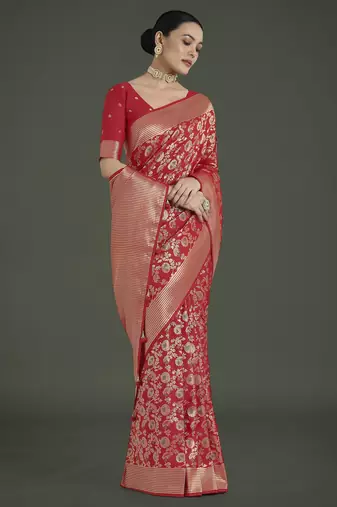 red silk blend banarasi jacuard work saree with unstitched blouse piece