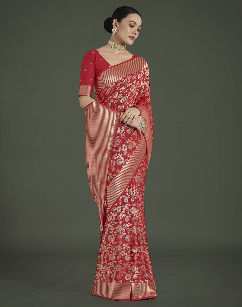 red silk blend banarasi jacuard work saree with unstitched blouse piece
