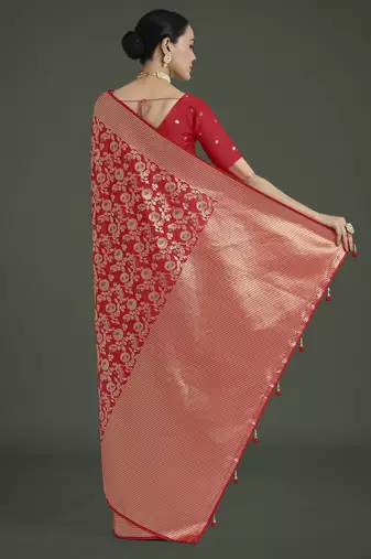 red silk blend banarasi jacuard work saree with unstitched blouse piece