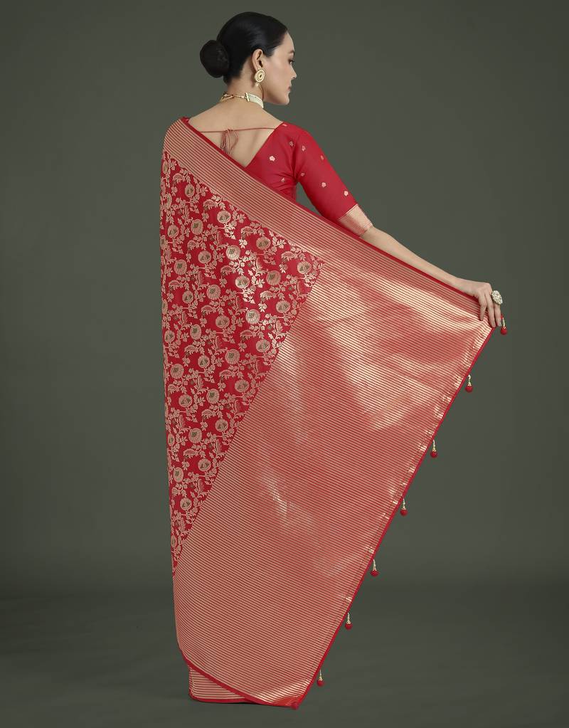 red silk blend banarasi jacuard work saree with unstitched blouse piece