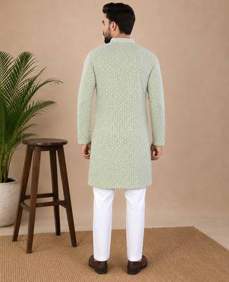 Pista color traditional chikankari embroidery cotton men's kurta payjama set 4