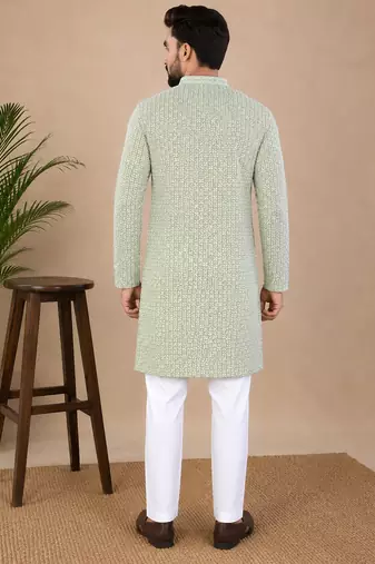 Pista color traditional chikankari embroidery cotton men's kurta payjama set