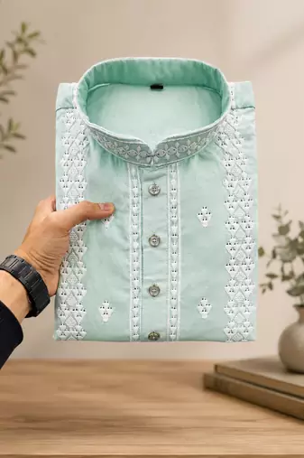 Pista color embroidery and silver sequence work silk men's kurta payjama set
