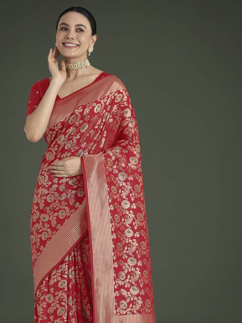 red silk blend banarasi jacuard work saree with unstitched blouse piece