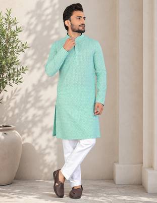 Turquoise color traditional chikankari embroidery cotton men's kurta payjama set 1