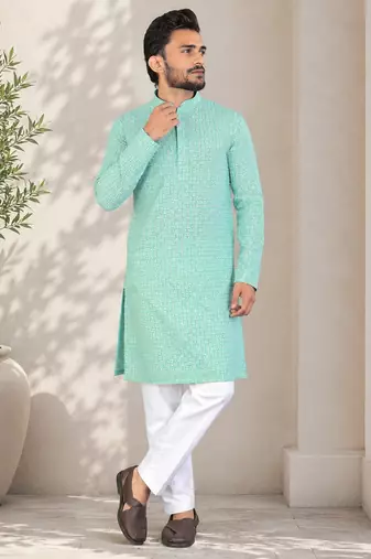 Turquoise color traditional chikankari embroidery cotton men's kurta payjama set