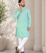Turquoise color traditional chikankari embroidery cotton men's kurta payjama set