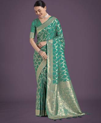 rama silk blend banarasi jacuard work saree with unstitched blouse piece 1