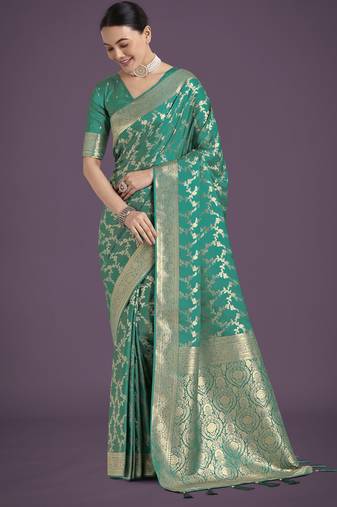 rama silk blend banarasi jacuard work saree with unstitched blouse piece