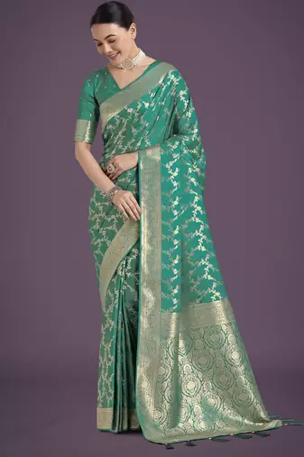 rama silk blend banarasi jacuard work saree with unstitched blouse piece