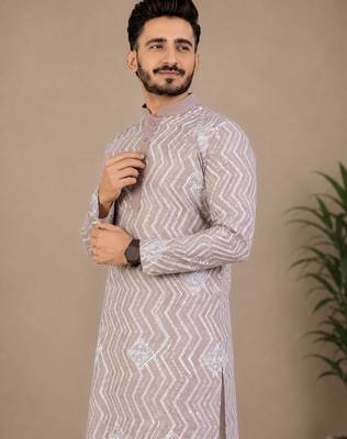 Color unique cross pattern white thread embroidery with silver sequence silk men's kurta payjama set 3