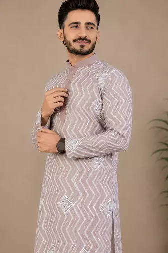 Color unique cross pattern white thread embroidery with silver sequence silk men's kurta payjama set