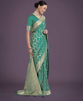 rama silk blend banarasi jacuard work saree with unstitched blouse piece 2