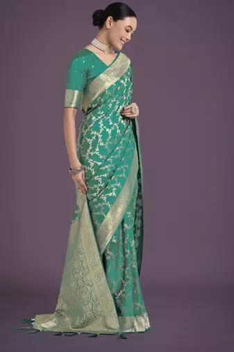 rama silk blend banarasi jacuard work saree with unstitched blouse piece