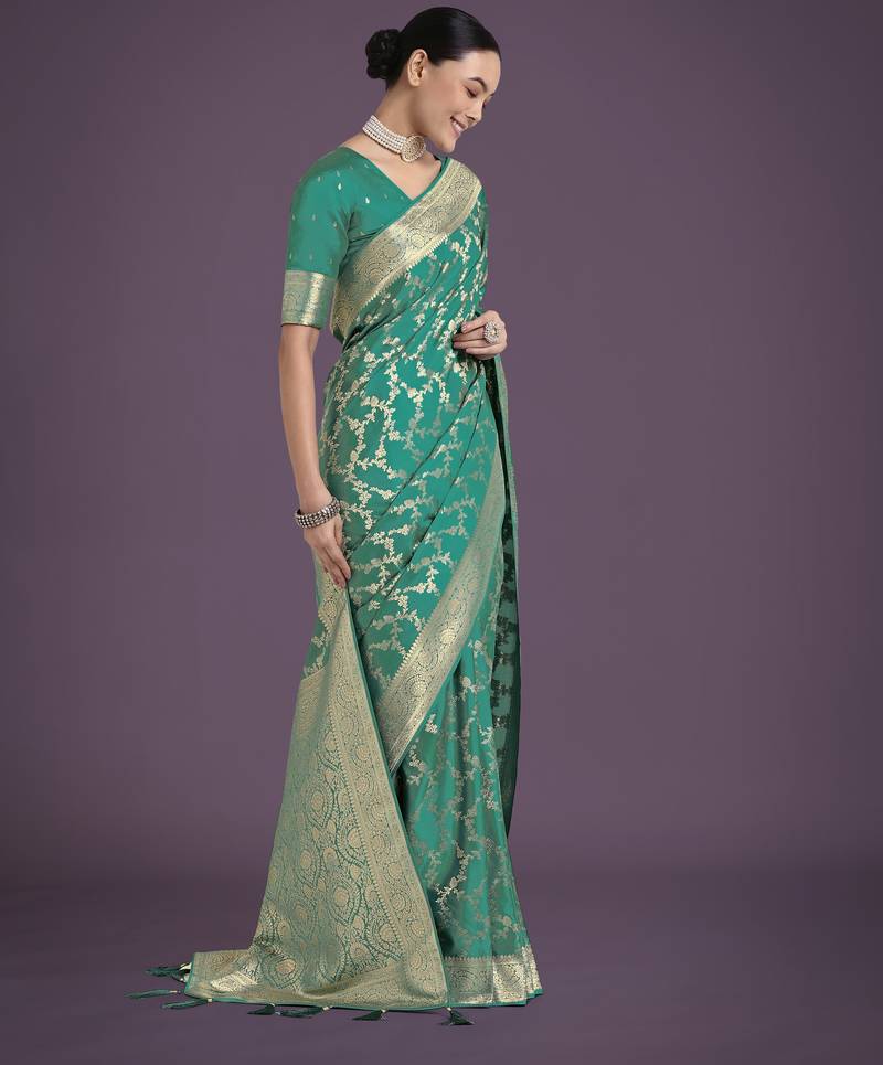 rama silk blend banarasi jacuard work saree with unstitched blouse piece