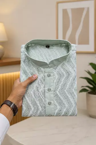 Pista color unique cross pattern white thread embroidery with silver sequence silk men's kurta payjama set