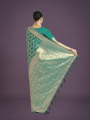 rama silk blend banarasi jacuard work saree with unstitched blouse piece 3