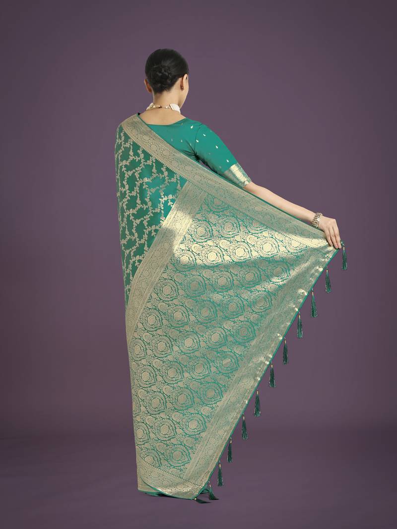 rama silk blend banarasi jacuard work saree with unstitched blouse piece