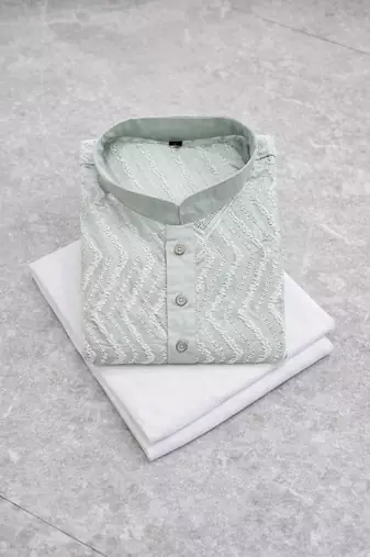 Pista color unique cross pattern white thread embroidery with silver sequence silk men's kurta payjama set