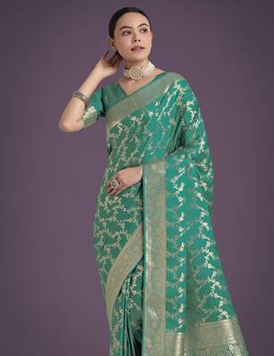 rama silk blend banarasi jacuard work saree with unstitched blouse piece 4