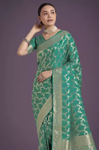 rama silk blend banarasi jacuard work saree with unstitched blouse piece