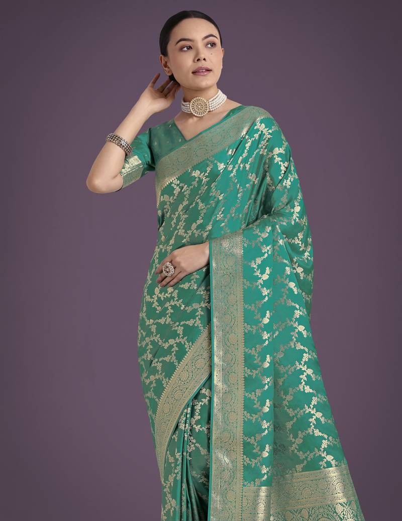 rama silk blend banarasi jacuard work saree with unstitched blouse piece
