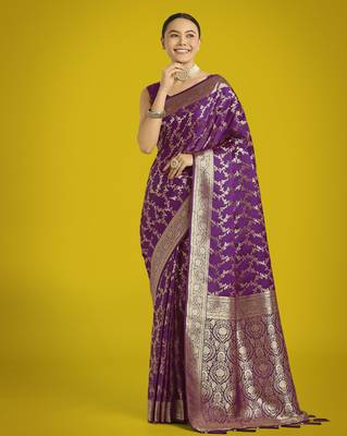 wine silk blend banarasi jacuard work saree with unstitched blouse piece 1