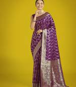 wine silk blend banarasi jacuard work saree with unstitched blouse piece