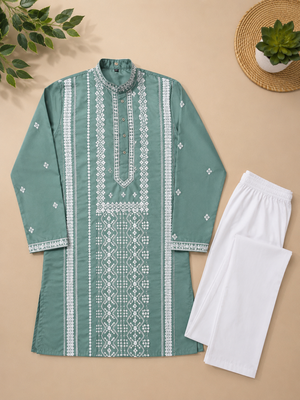 Sea green color embroidery and silver sequence work silk men's kurta payjama set 5