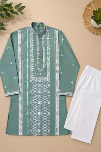 Sea green color embroidery and silver sequence work silk men's kurta payjama set
