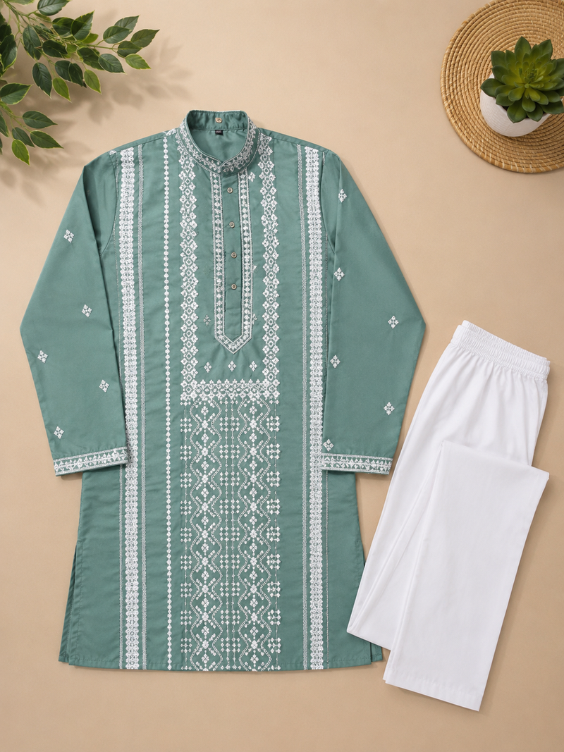 Sea green color embroidery and silver sequence work silk men's kurta payjama set