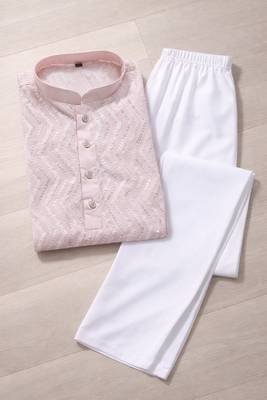 Light pink color unique cross pattern white thread embroidery with silver sequence silk men's kurta payjama set 5