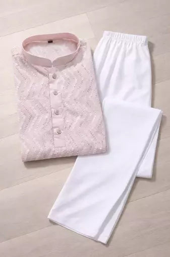 Light pink color unique cross pattern white thread embroidery with silver sequence silk men's kurta payjama set