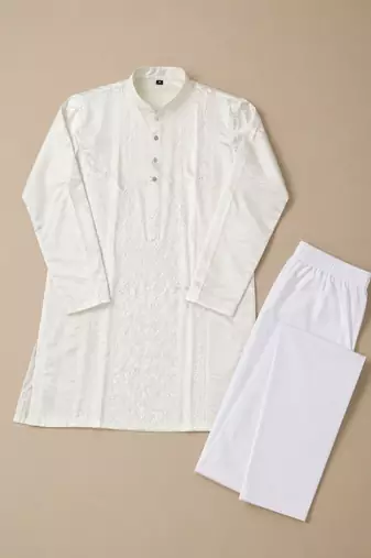 Beige color embroidery and silver sequence work silk men's kurta payjama set