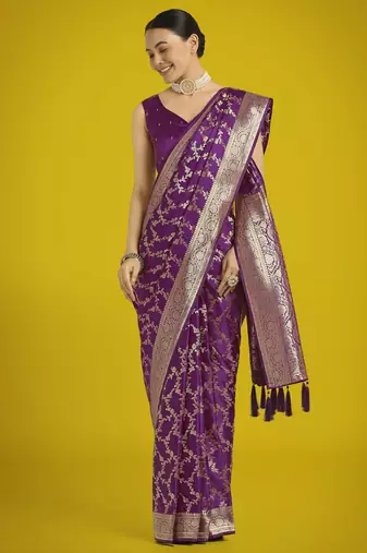 wine silk blend banarasi jacuard work saree with unstitched blouse piece