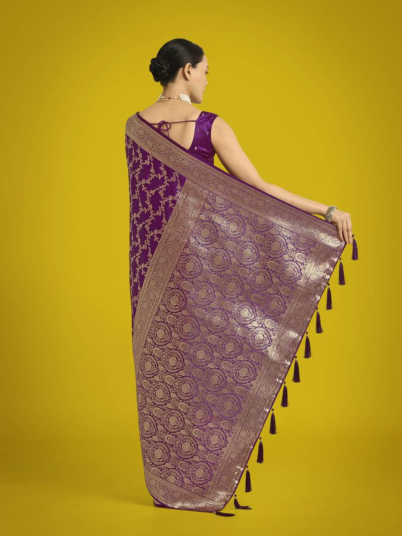 wine silk blend banarasi jacuard work saree with unstitched blouse piece