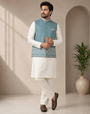 Off white-sky blue color embroidered daaman work shiny silk men's kurta payjama set 3