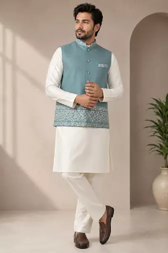 Off white-sky blue color embroidered daaman work shiny silk men's kurta payjama set