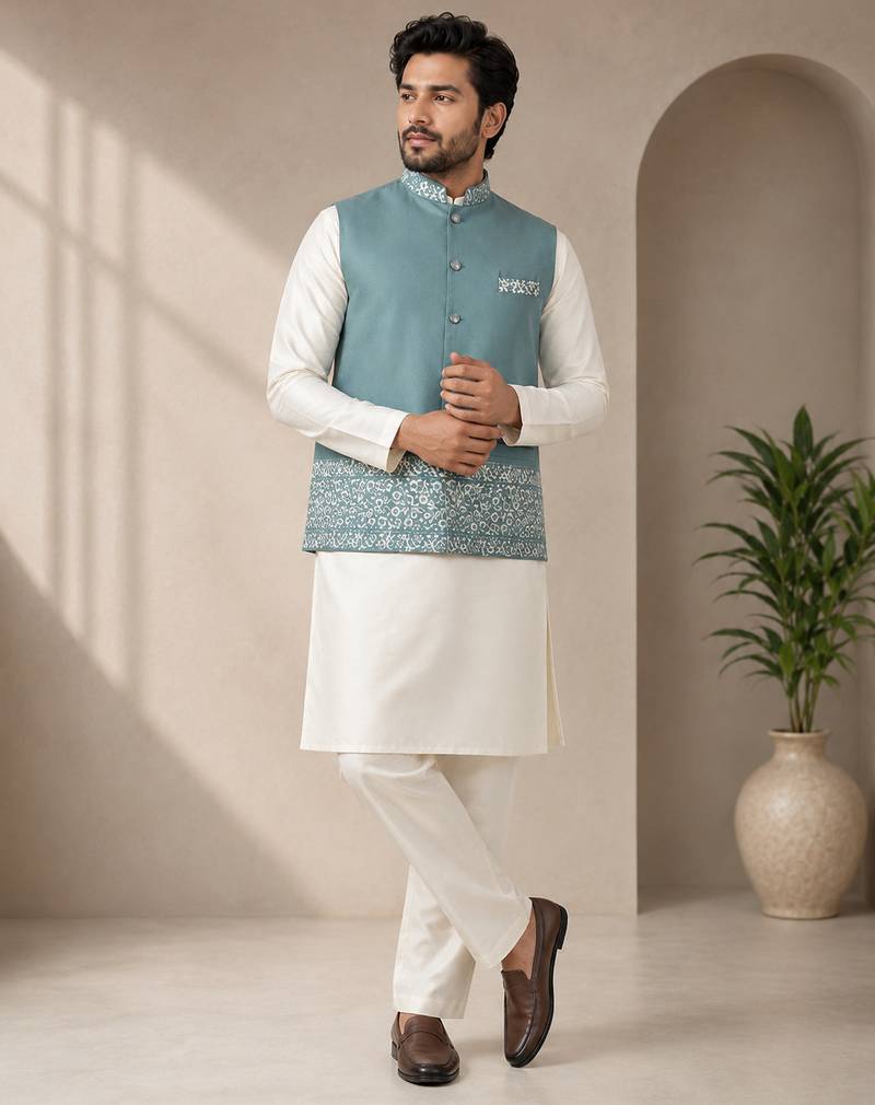 Off white-sky blue color embroidered daaman work shiny silk men's kurta payjama set