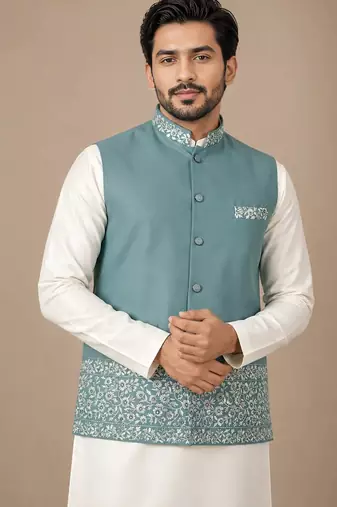 Off white-sky blue color embroidered daaman work shiny silk men's kurta payjama set