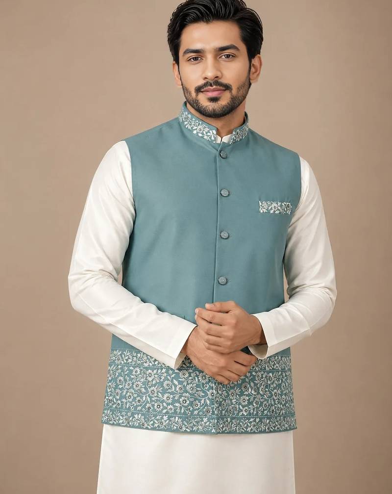 Off white-sky blue color embroidered daaman work shiny silk men's kurta payjama set