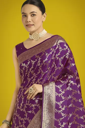 wine silk blend banarasi jacuard work saree with unstitched blouse piece