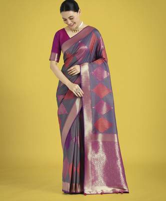 teal green silk blend banarasi jacuard work saree with unstitched blouse piece 1