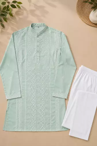 Pista color embroidery and silver sequence work silk men's kurta payjama set