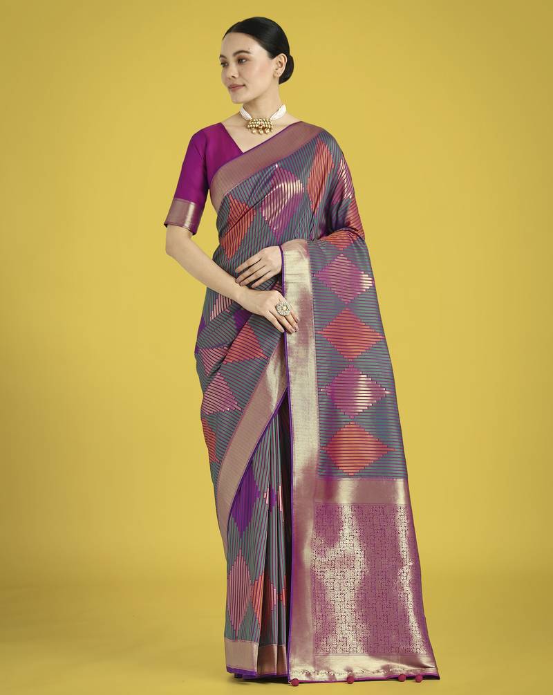teal green silk blend banarasi jacuard work saree with unstitched blouse piece