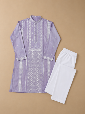 Lavender color embroidery and silver sequence work silk men's kurta payjama set 5
