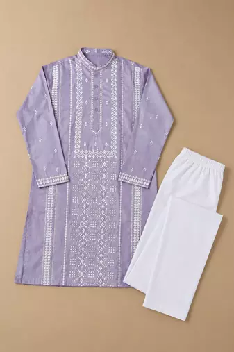 Lavender color embroidery and silver sequence work silk men's kurta payjama set