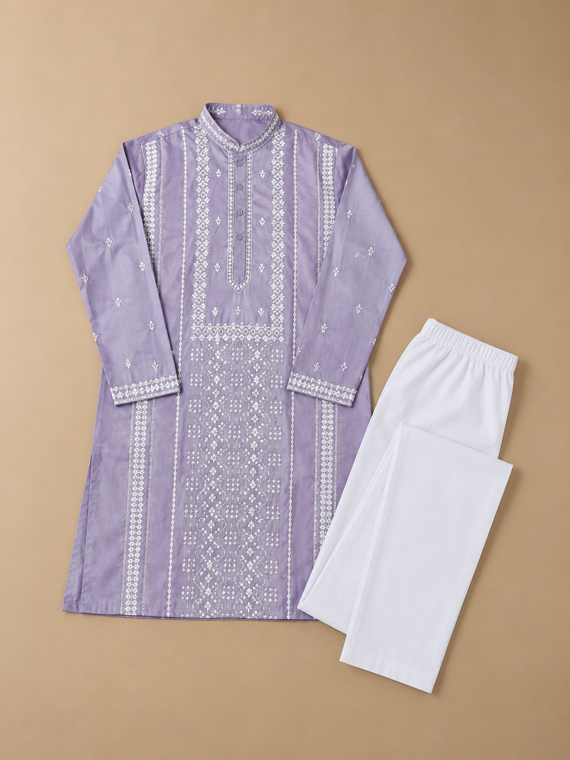 Lavender color embroidery and silver sequence work silk men's kurta payjama set